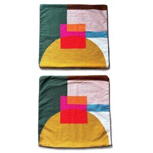 West Elm Half Moon Layered Blocks Wool Embroidered Pillow Covers 20x20 Set of 2